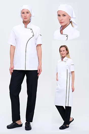 TIPTEKS Comfort Women's White Chef Jacket, Suspender Apron - Black Piping, Black Pants and White Triangle Bonnet Set