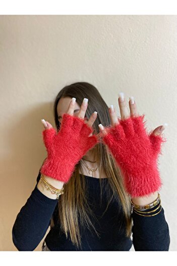 sema aksesuar Red Bearded Yarn Mohair Fingers Cut Out Gloves - Fingerless Gloves - Gift New Year New Year