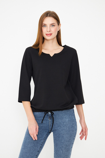 ESPİNA Women's Drop Detailed Neckline, Skirt Lace-Up Knitted Crepe Blouse