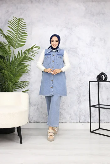 ALLMİRA FASHION Double Hijab Suit with Snow Blue Denim Vest