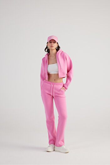 HOLLY LOLLY Yüksek Bel Straight Kesim Şardonlu Mixed Eşofman Altı Pembe