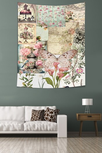 on the clouds Vintage Theme - Butterfly and Flower Pattern, Non-Grasping Fabric Wall Cover and Tapestry Tapestry