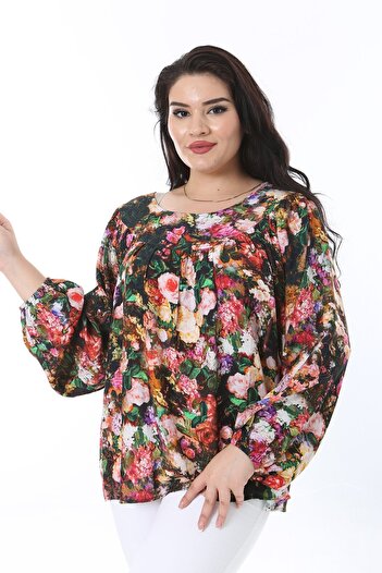 Şans Plus Size Colorful Robe Detail Long Sleeve Blouse - Elastic Sleeve 65n38246