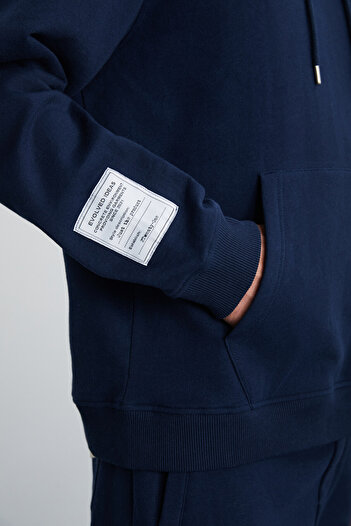 GRIMELANGE Ashbourne Men's Oversize Kangaroo Pocket Sleeve Label Detailed Organic Cotton Navy Blue Tracksuit Set