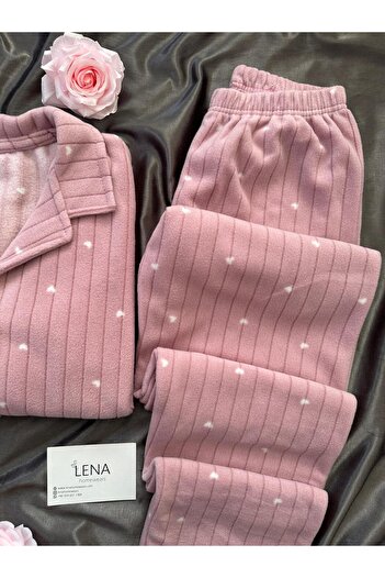 Lena Homewears Pudra Yıldız Desenli Düğmeli Polar Pijama Takımı