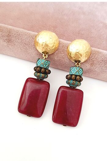 PETEK AKSESUAR Natural Stone Design Earrings Claret Red