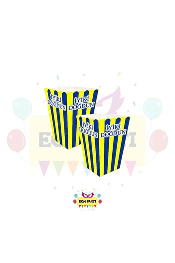 ECM PARTI Yellow Navy Blue Themed Cardboard Popcorn Corn Box 8 Li - Birthday Party Kit Supplies
