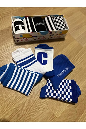 Store Blue Checkered Striped Square Patterned Socks