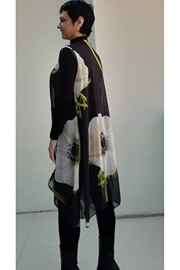 Mertcan Butik Black Green Floral Print Loose Asymmetrical Silk Gauze Vest