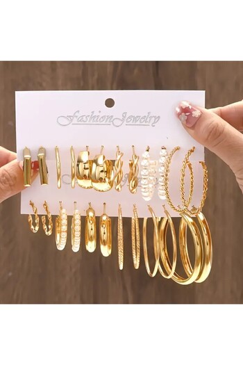 Perry Accesories 12 Adet Çift Küpe Çoklu Incili Klipsli Halka Küpe Çoklu Kombin Küpe Seti Kadın Küpe