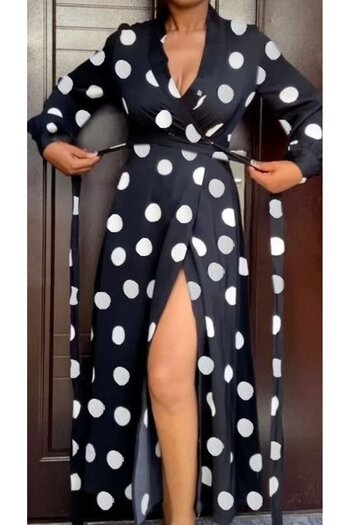 Moka Shopin Mokashopin Women's Long Sleeve Double Breasted Collar Side Tie Crepe Full Length Dress