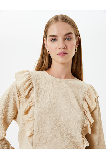 Koton Ruffle Blouse Long Sleeve Textured Round Neck