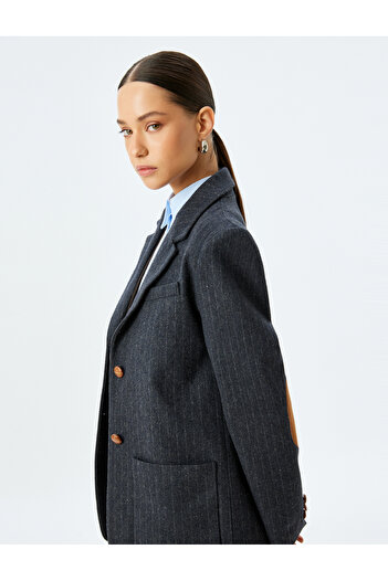 Koton Double-Breasted Oversize Stamp Blazer Jacket with Applique Double Pocket Detail
