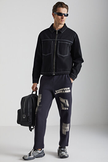 GRIMELANGE Iakob Men's - Soft Organic Cotton Anthracite Sweatpants with 3 Thread Print Detail
