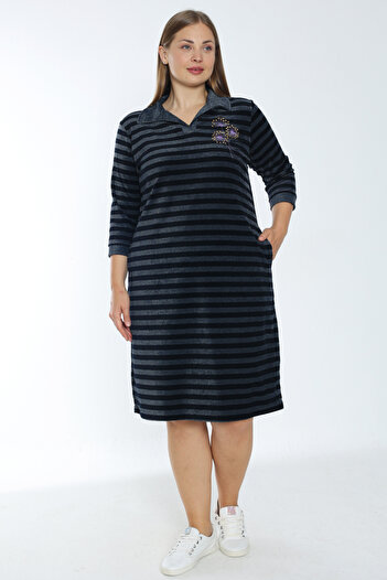 İntensive Women's Navy Blue Three Quarter Sleeve Pocket Embroidery Detail Plus Size Cotton Velvet Dress