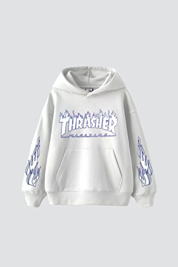 Sekizbiraltı Thrasher Flam Printed Oversize Unisex White Hoodie