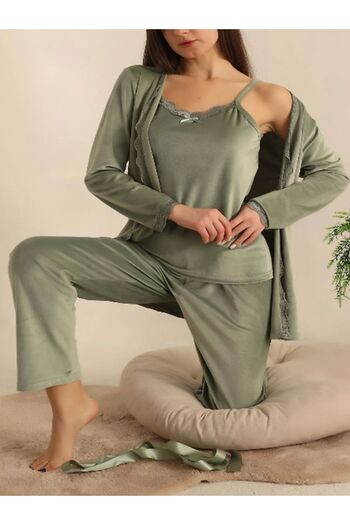 Pijamoni Women's Green Velvet 3-Piece Pajama Set