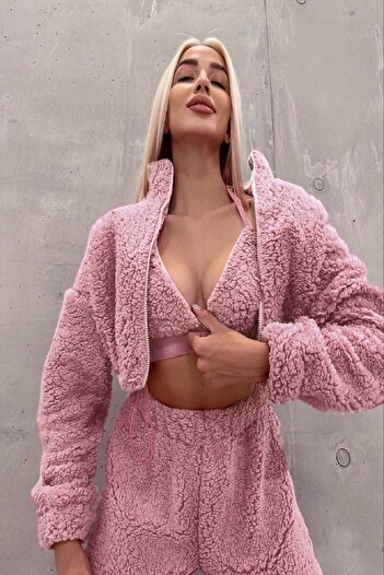 Fashiontayt PAÇASI VE BELİ LASTİKLİ CROP HIRKALI BÜSTİYERLİ 3LÜ PELUŞ TAKIM