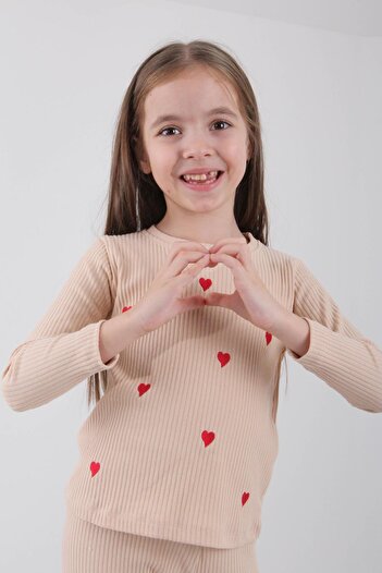Perendi Beige Sweatshirt for Girls - 100% Cotton, Tiny Heart Embroidered