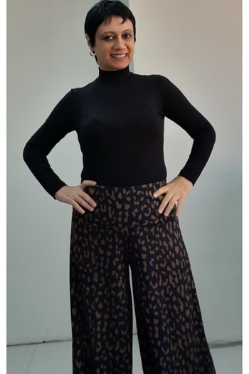 Mertcan Butik Navy Blue Mustard Print Elastic Waist Loose Leg Pants Skirt