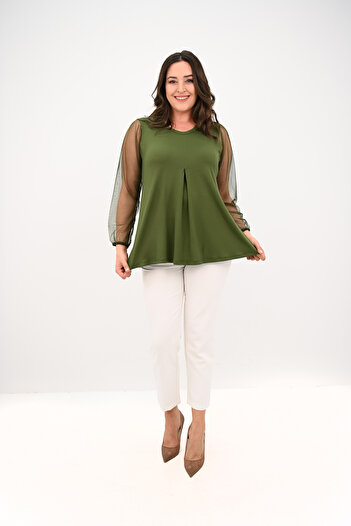 Koza Butik Women's Plus Size Pleated V Neck Tulle Detail Blouse 1857-25