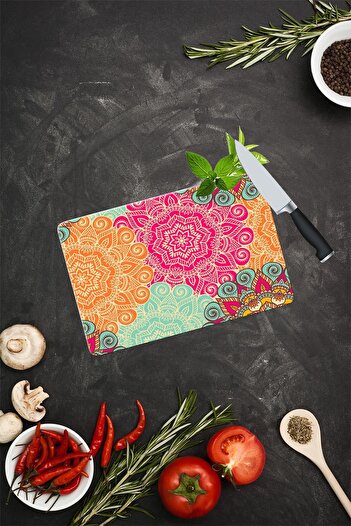 Saban 20x30 Cm Cam Kesme Tahtası Kırmızı Turuncu Mandala
