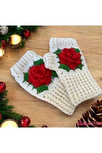 Satürn Hobi Knitted Rose Motif Fingerless Gloves