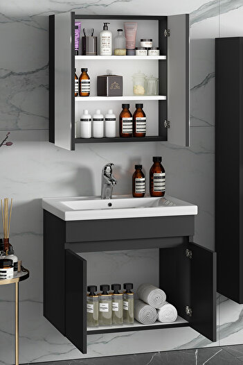 ÖZCEDEN Çiğdem 55+35 cm Antrasit Gri Mat MDF Seramik Lavabolu Asma Banyo Dolabı Takımı