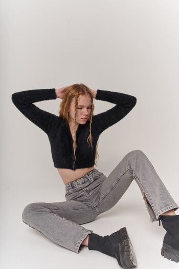 HOLLY LOLLY Lycra-Free High Waist Straight Cut Toll Jean Trousers Gray