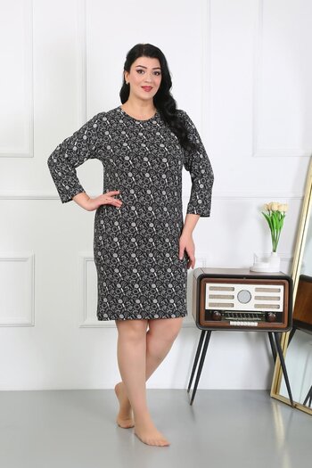 Akbeniz Plus Size Black Combed Nightgown & Home Dress - 12507