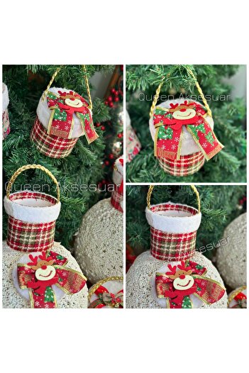 QUEEN AKSESUAR Luxury Christmas Cylinder Lid Gift Box Pine Tree Ornament with Hanger Furry Christmas Deer Plaid with Deer