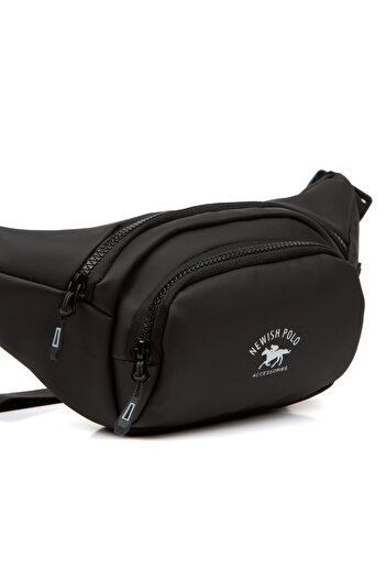 Newish Black PU Leather Waist and Shoulder Bag with Waterproof Fabric Feature