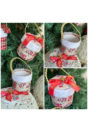 QUEEN AKSESUAR Imported Luxury Christmas Cylinder Lid Gift Box Pine Tree Ornament with Hanging Fur Santa Claus Pattern
