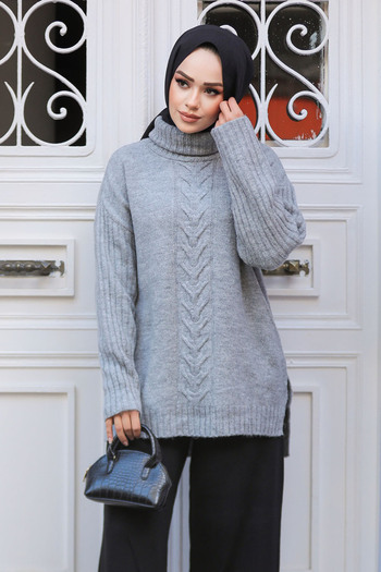 Neva Style Patterned Gray Hijab Knitwear Tunic Sweater 20441Gr