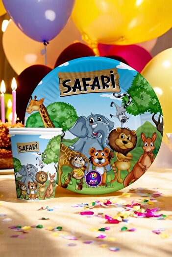 VibeHome 8 Adet Safari Temalı Tabak Bardak Seti - Doğum Günü Parti ve Eğlenceli Etkinlikler İçin