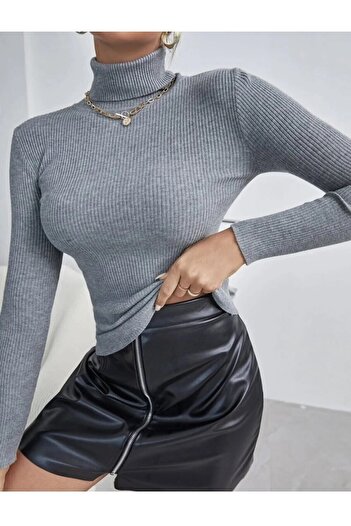 JAKARLI Unisex Gray Cotton Turtleneck Camisole Raster Slimfit Turtleneck Sweater