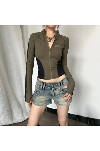 Köstebek Khaki Prix Zippered Long Sleeve Crop Cardigan