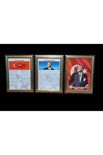Panda Atatürk-gençliğe Hitabe-istiklal Marşı Portre Tablo Köşe 3 Lü Set 45x60cm Yaldizli
