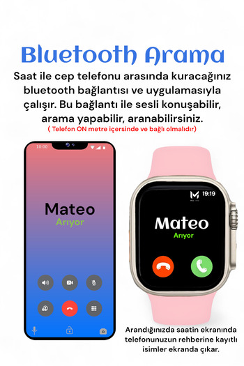MATEO T900 ULTRA Pembe Akıllı Saat 49mm Bluetooth, Arama Özellikli, Sağlık Sensörlü, iOS & Android Uyumlu