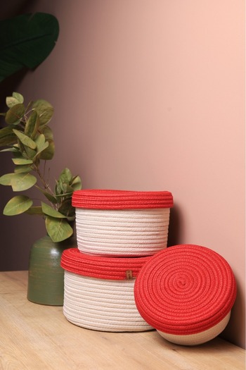 ModaCardin Jute Wicker Hand Woven 3-Piece Covered Basket Set Organizer