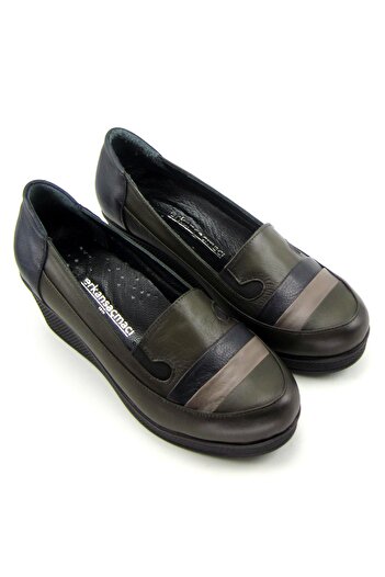 Erkan Saçmacı Anya Khaki Genuine Leather Wedge Heeled Casual Shoes
