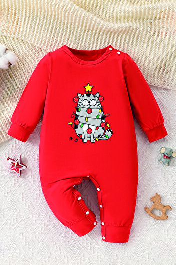 ADABEBEK Christmas Tree and Confused Cat Printed Style Baby Romper 23187
