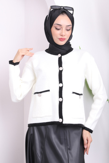 İmajButik Ecru Pocketed Buttoned Short Sweater Cardigan