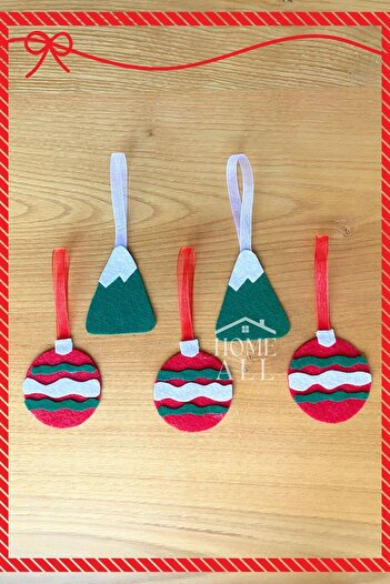 No8 Atölye Felt 5 Pieces Christmas Pine Tree Ornament, New Year Decor Felt Ornament