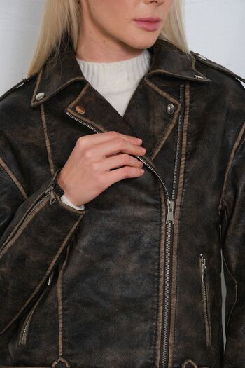 Maule Women's Double Breasted Coat - Washed, Biker Effect, Faux Leather, Belted Jacket @Hope