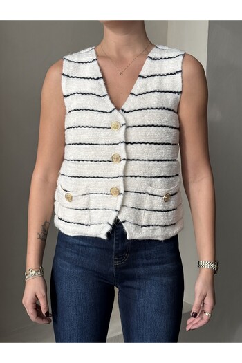 Laluvia Cream - Navy Blue 5-Button Knitwear Vest- 241019