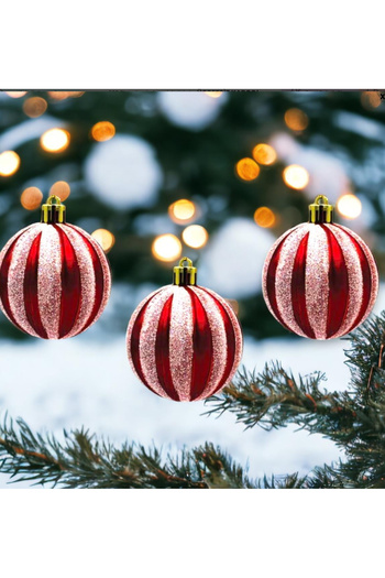 Partifabrik Red Striped Tree Ornament - 6 Cm, Christmas Set of 6
