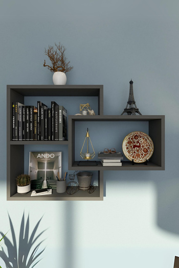 İda Wooden Sage Anthracite Gray Wall Shelf - Wall Bookcase - Decorative Bookcase
