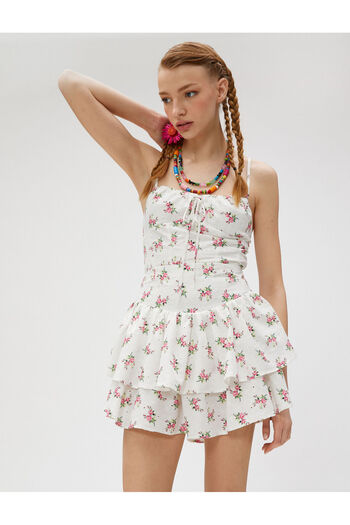 Koton Scalloped Mini Skirt Floral Flounced Layered Embroidered Gippeli
