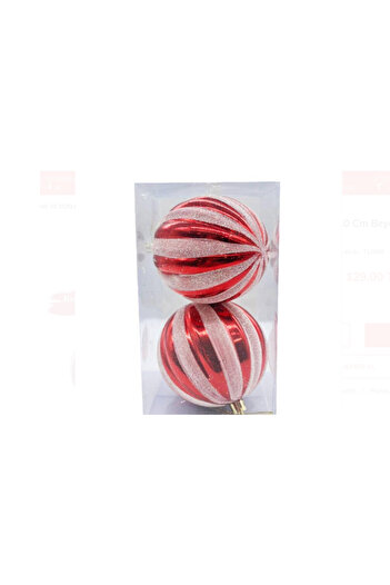 Partifabrik Christmas Ball Ornament - 10 cm White Stripes, Glitter, 2 Pieces, Red Tree Large Size